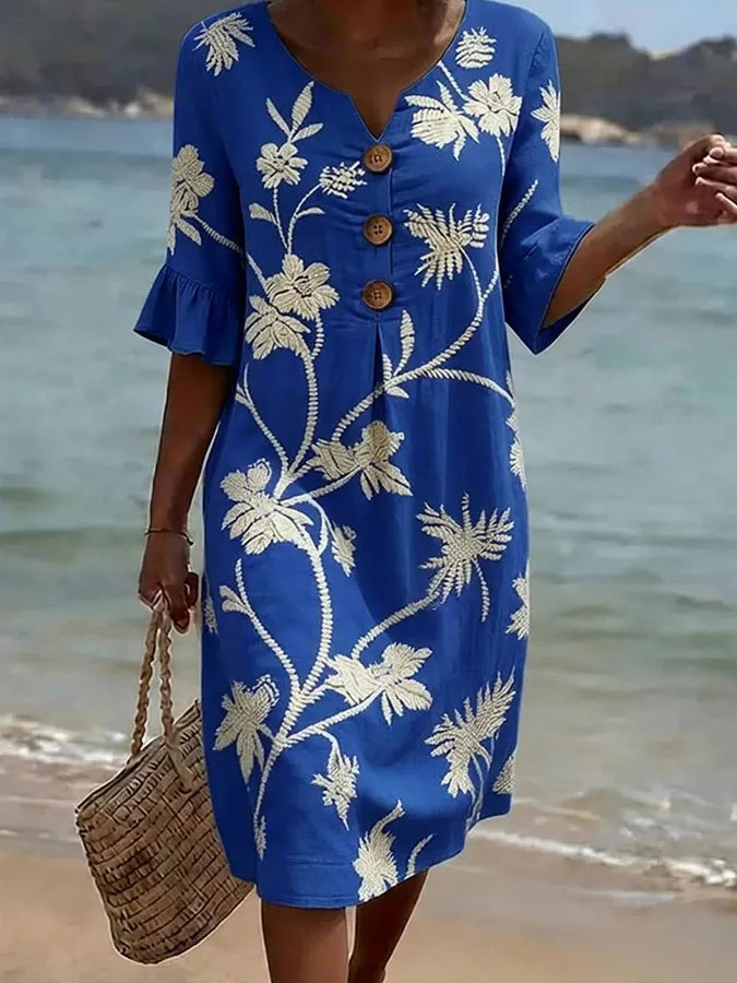 Floral Print Button-Front Dress – Blue – Zenith Moda