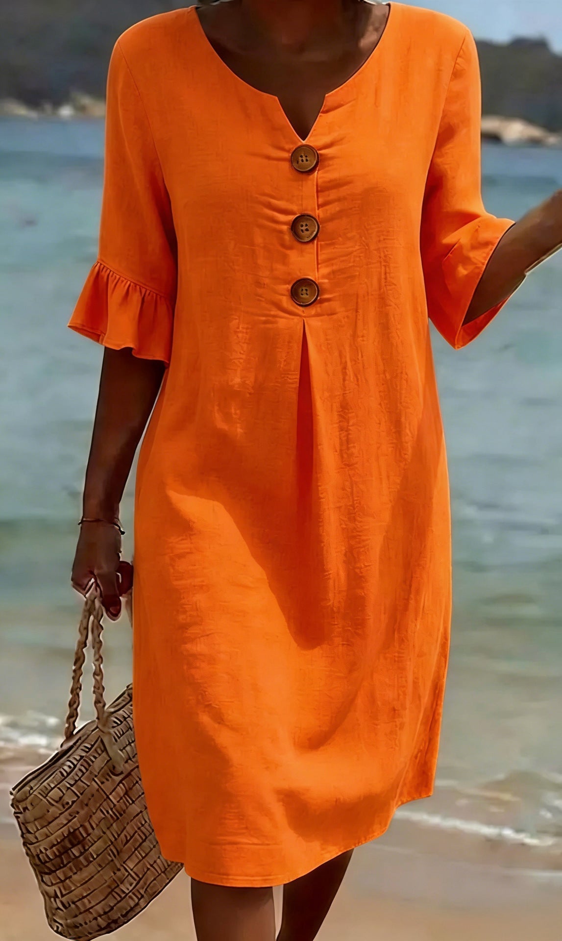 Casual Floral Print Dress with Flared Sleeves – Orange – Zenith Moda