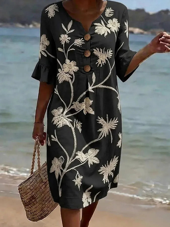 Lightweight Floral Print Day Dress – Black – Zenith Moda