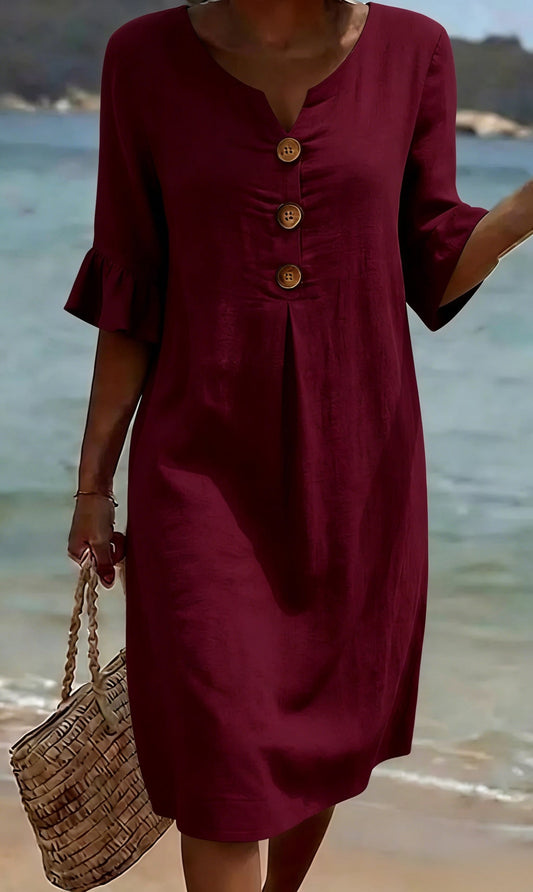 Floral Print Button-Front Dress – Burgundy – Zenith Moda