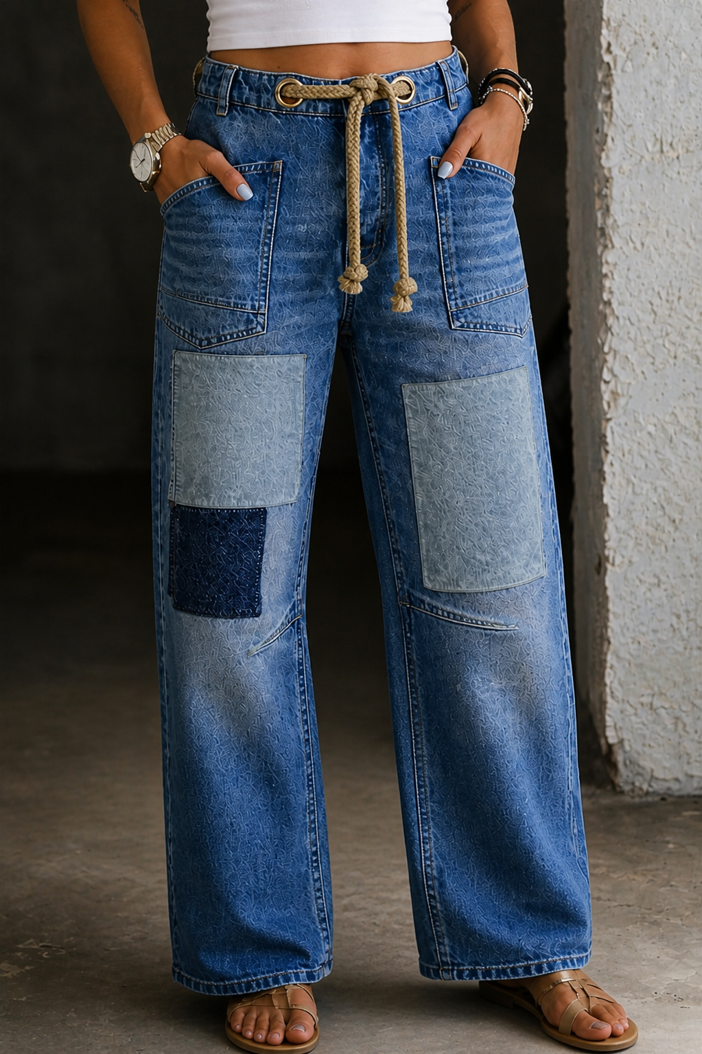 Margarita | Patchwork Jeans with Adjustable Drawstring