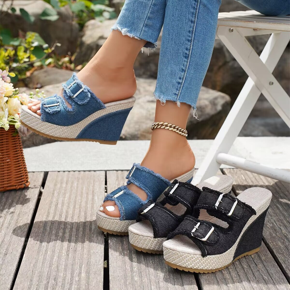 Atelier | Frayed-Edge Wedge Sandals